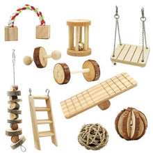Load image into Gallery viewer, Hamster Chew Toys, 10 Pack Natural Wooden Pine Guinea Pigs Rats Chinchillas Toys Accessories Dumbells Exercise Bell Roller Tee
